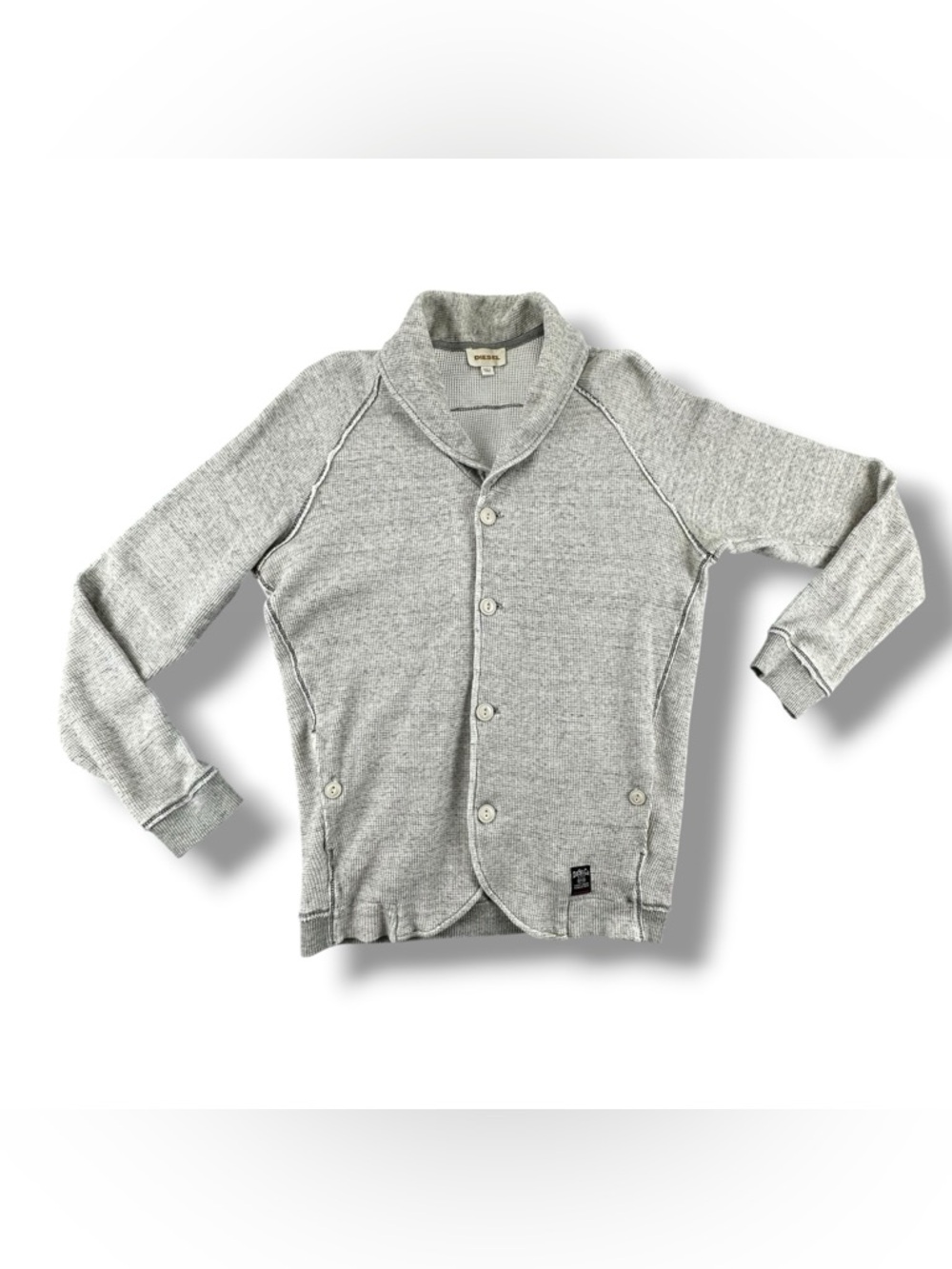Diesel Men’s Shawl Collar Waffle Knit Cardigan 100% Cotton Grey Size XL
